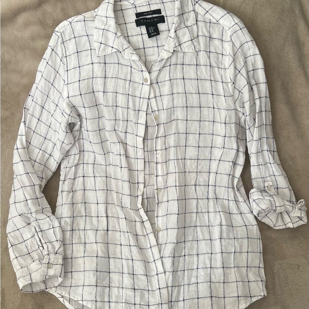 Tahari Linen Shirt with White and Navy Check Pattern